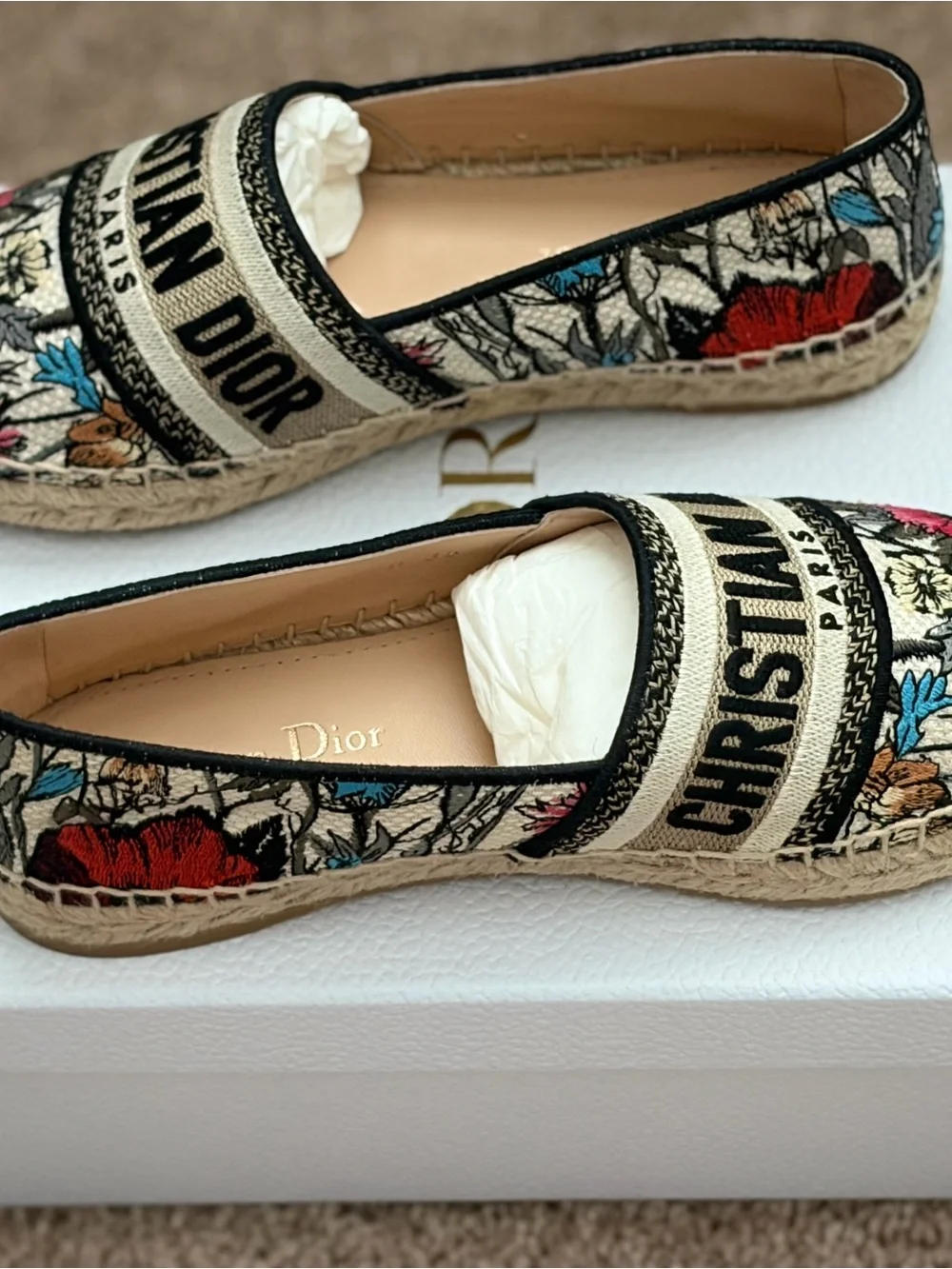 Dior Floral Embroidered Espadrilles in Beige and Multicolor